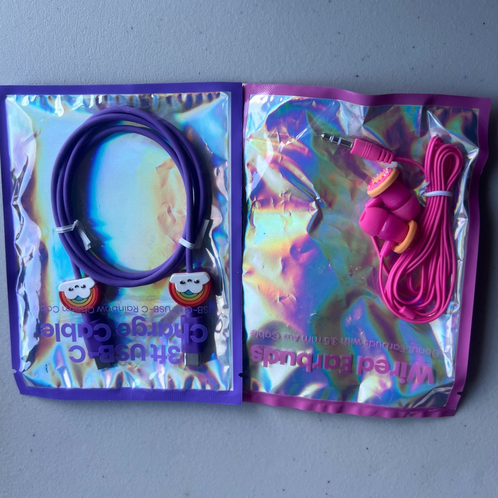 Purple and Pink Wired Earbuds and Charging Cable Set